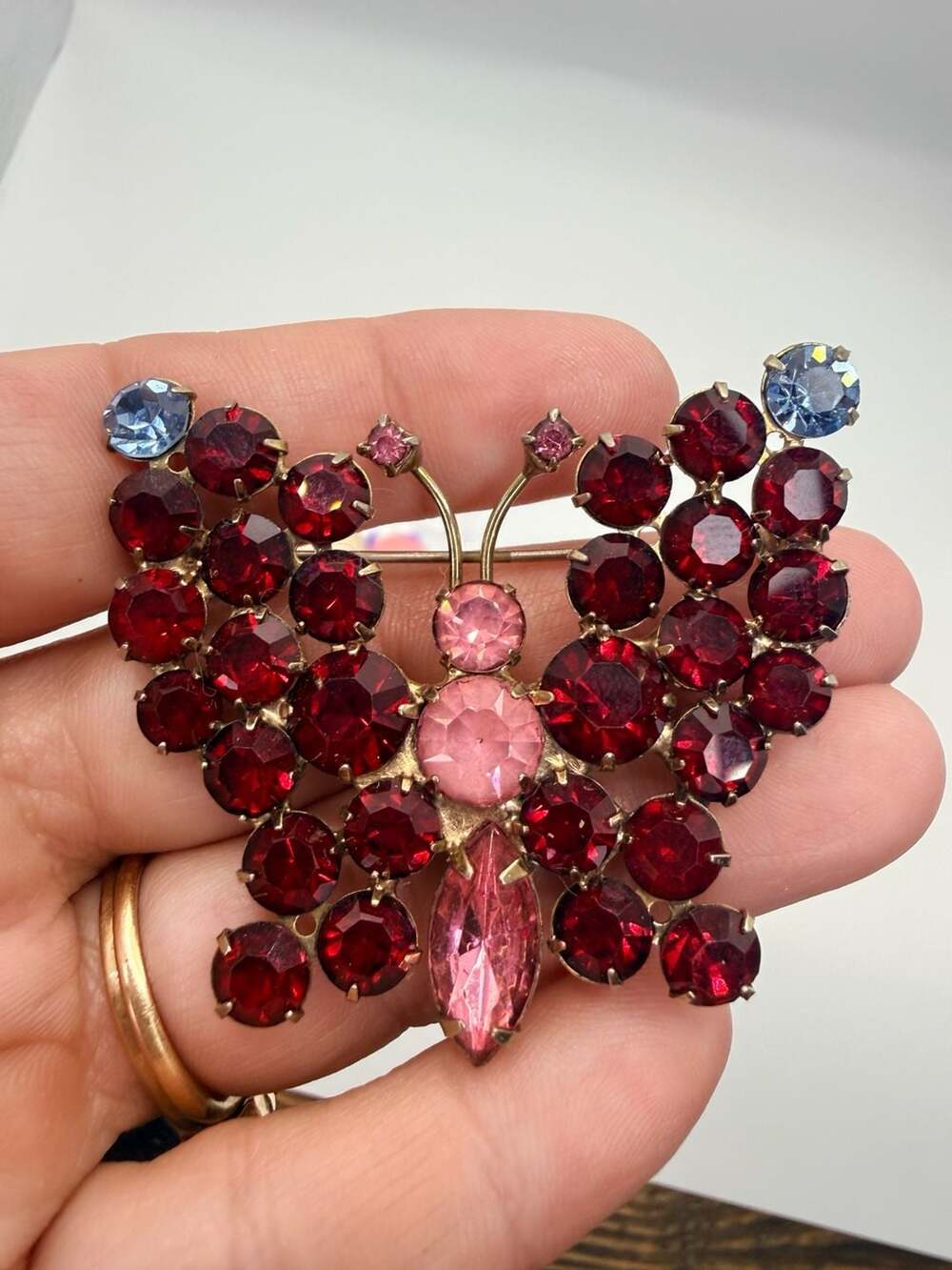 Vintage Rhinestone Butterfly Brooch Red Pink Gold Tone